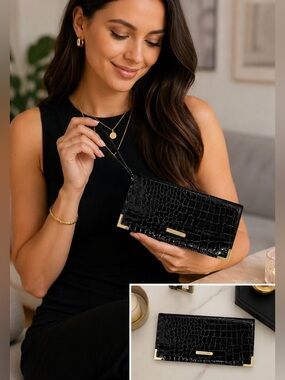 Michael Kors Black Patent Croc Embossed Wristlet Clutch Gold Zip Organizer